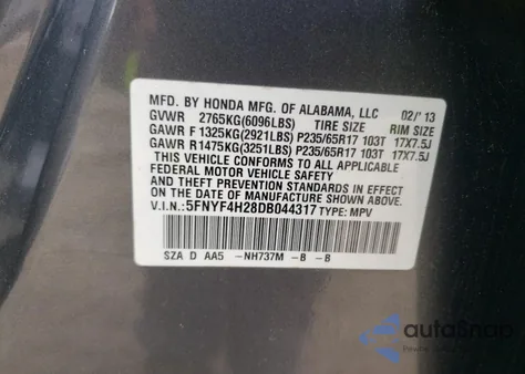 2013 Honda Pilot Lx из США, поврежденный, VIN 5FNYF4H28DB044317